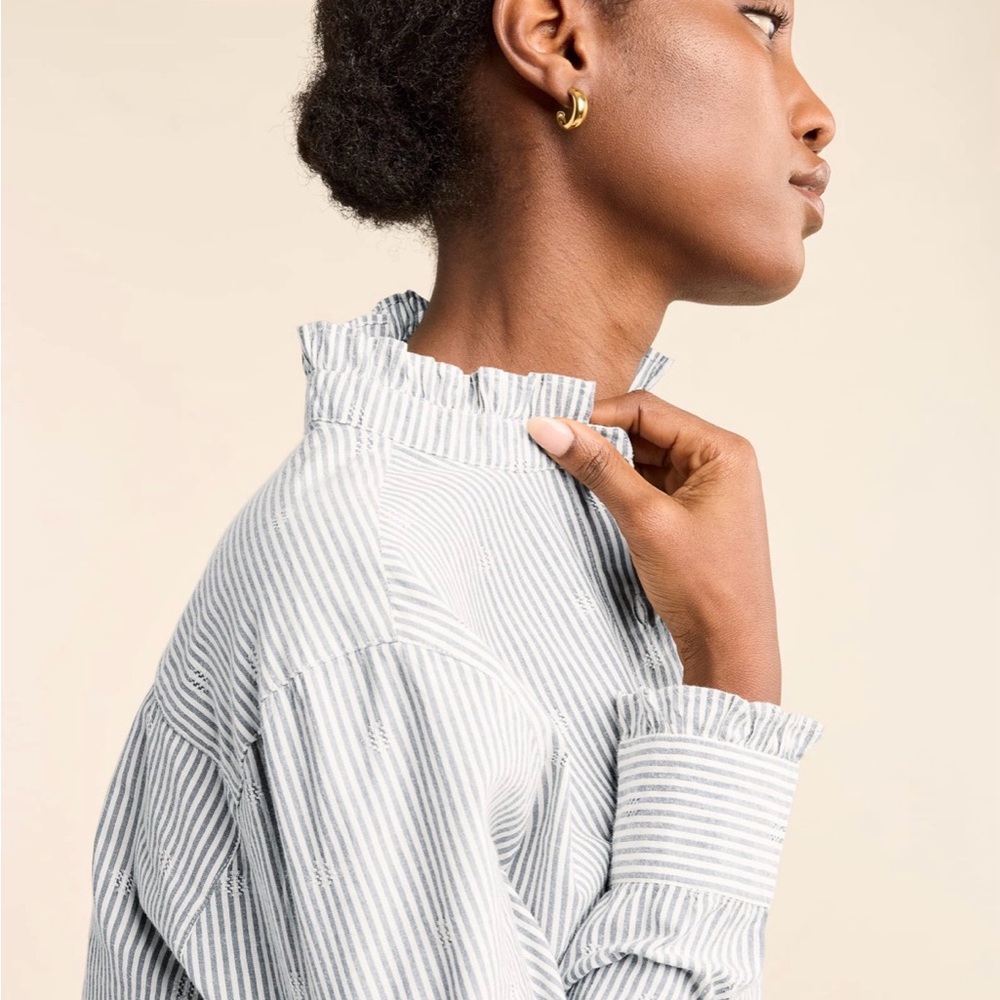 Pendleton Blue and White Striped Ruffle Blouse